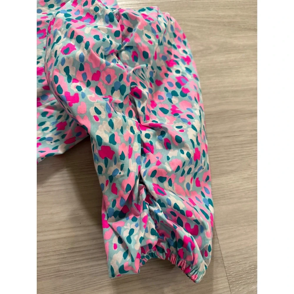Lilly Pulitzer Pink Blue Puff Sleeve Square Neck Smocked Back Top Size 0